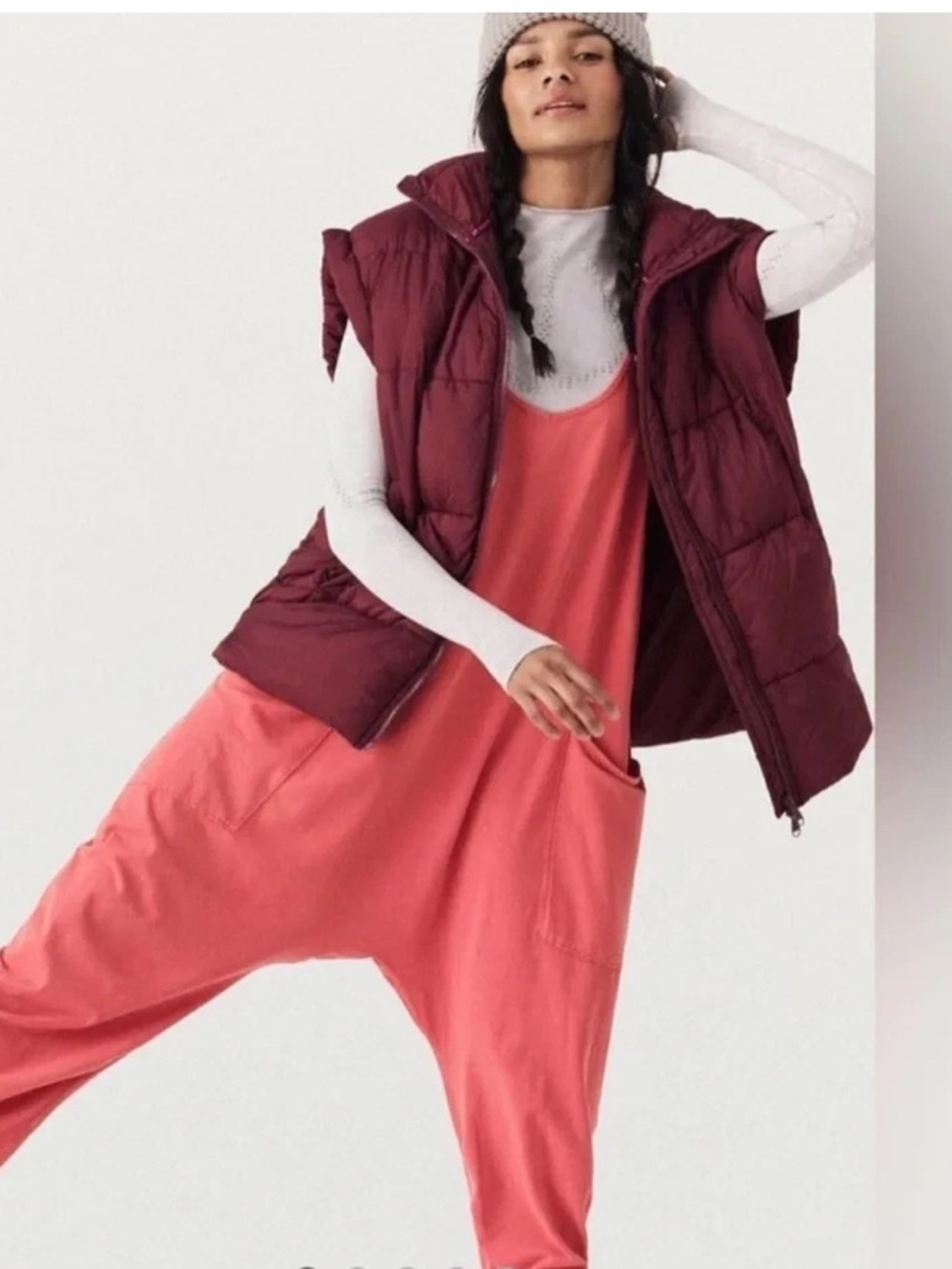 FP Movement Coral Jumpsuit with Burgundy Puffer Vest